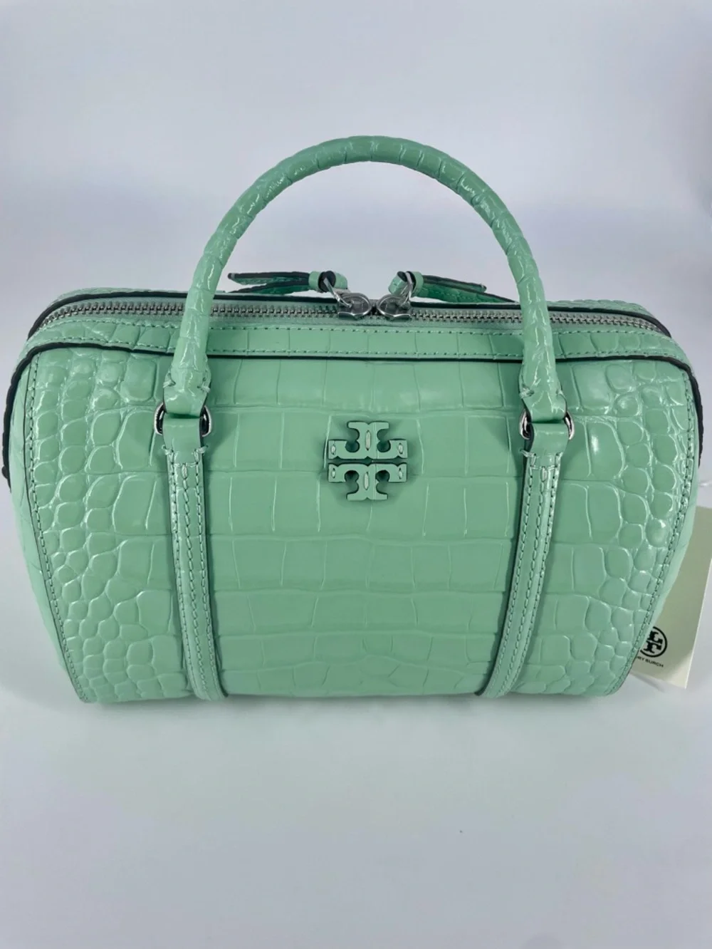 NWT Tory Burch Northern Lights Green Thea Croc-Embossed Bag w/ 2 Straps - Picture 3 of 7